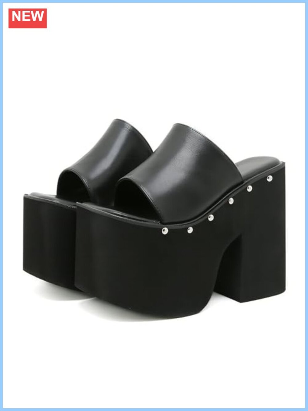 Women's PU Chunky Platform Goth Slides Sandals Studded Square Open Toe Slip-On